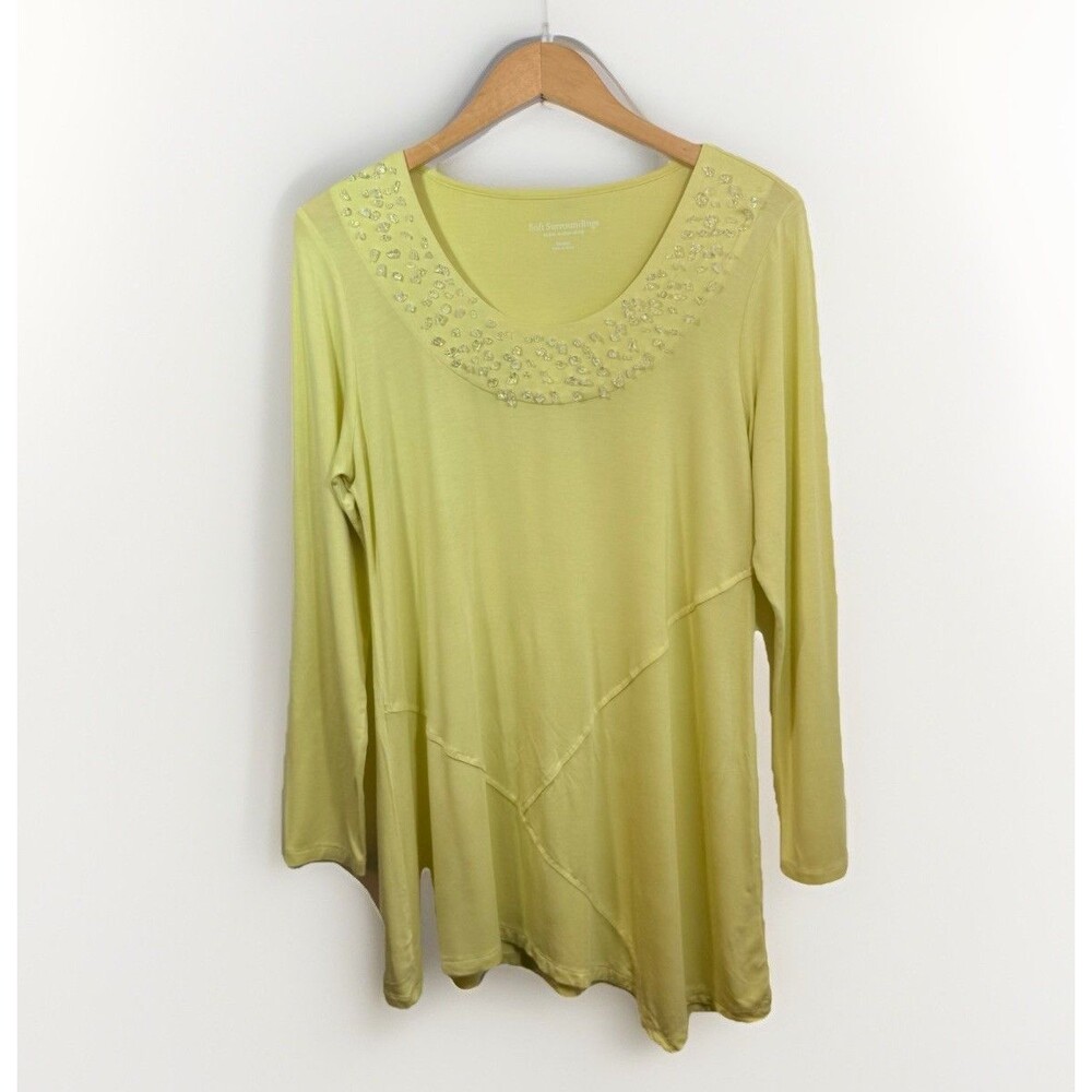 Soft Surroundings Top Women’s M Yellow Glass Crystal Tunic Long Sleeve Stretch